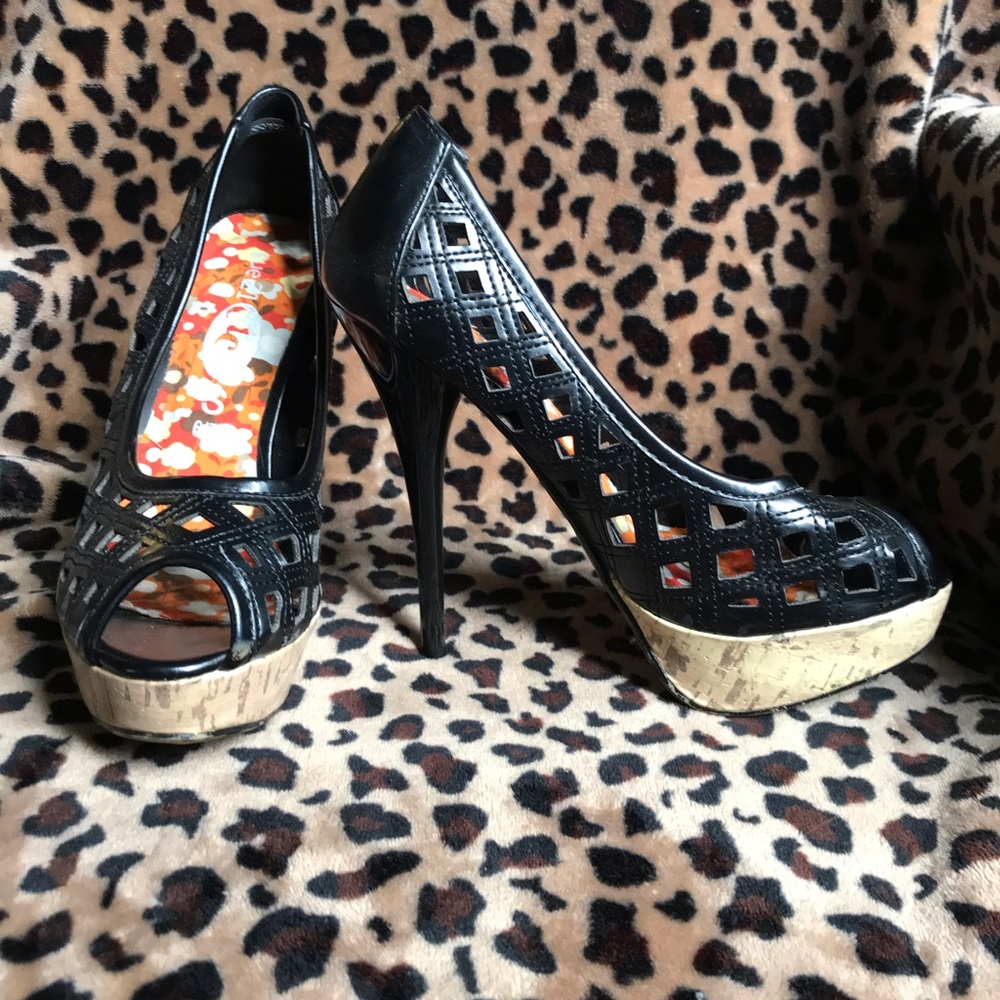 Black cutout peep toe heels
